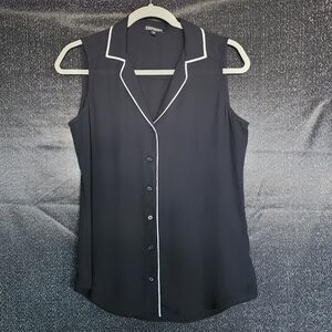 Express Black Sleeveless Button-Front Blouse XS White Piping Collared Tank